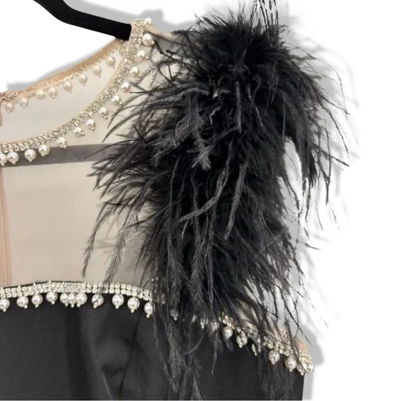 Mac Duggal Black Feather Cap Sleeve Pearl Embellished Midi Formal Dress | 2 - Picture 10 of 13